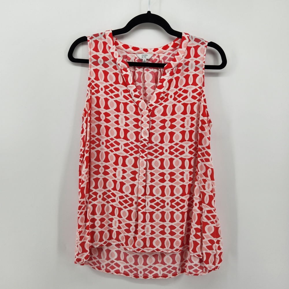 Crown & Ivy Women's Sleeveless Top Pink‎ White Geometric Blouse Medium